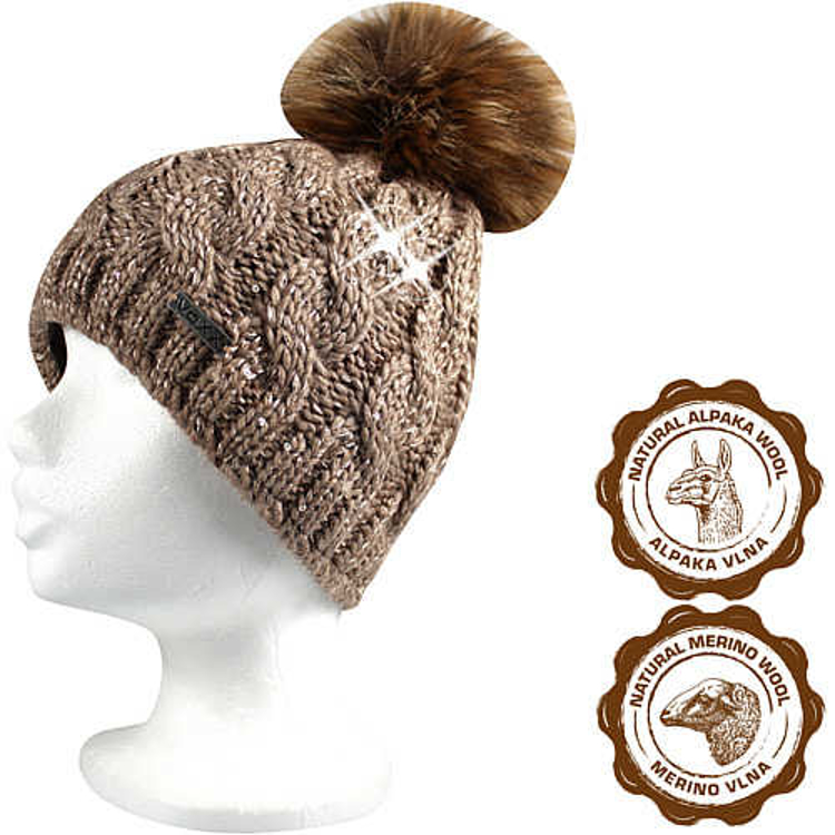 Obrázek z VOXX Čepice dámská pletená ASTRA s flitry a bambulí HNĚDÁ 