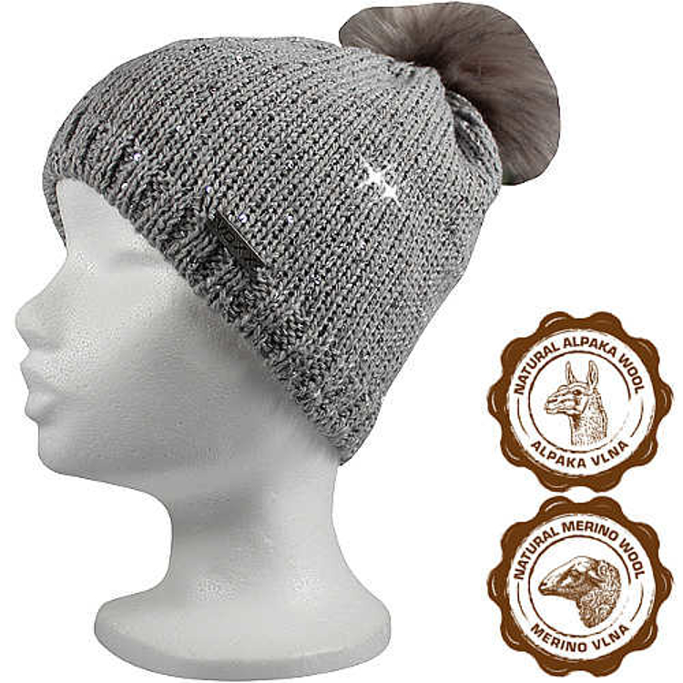 Obrázek z VOXX Čepice dámská pletená TWINGO s flitry a bambulí ŠEDÁ 