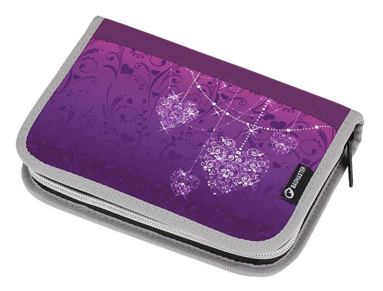 Obrázek z Bagmaster ALFA 7 A školní jednochlopňový penál - srdce s kamínky Fialová 