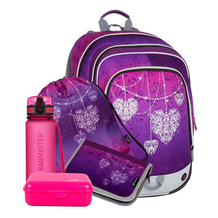 Obrázek z Velký školní set pro prvňáčky - srdce s kamínky fialová 23 l 