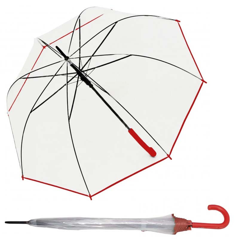 DERBY Hit Long Automatik Transparent průhledný dámský vystřelovací holový deštník červená 77354B03