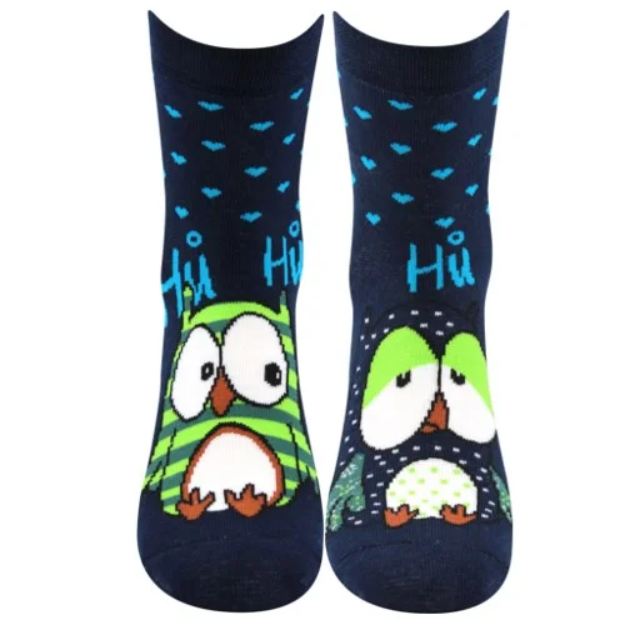 Obrázek z BOMA Ponožky dámské celofroté PRUHANA 12 se sovičkami TMAVĚ MODRÉ (3 páry) 