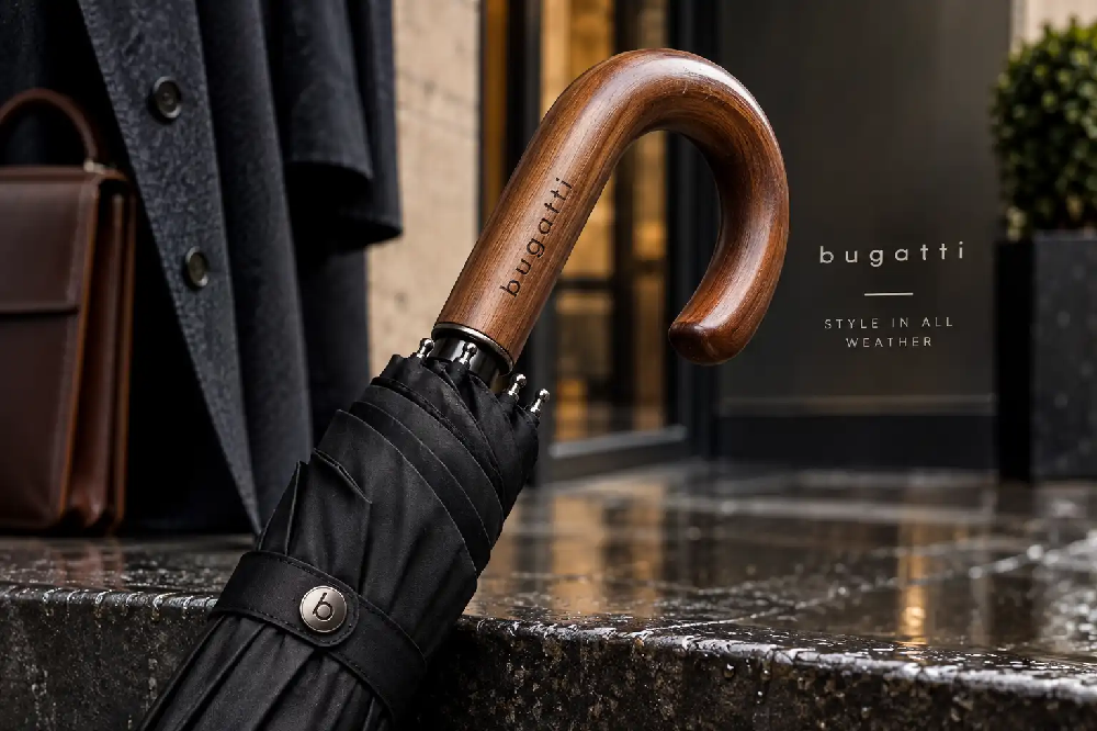 Luxusní pánský holový deštník Bugatti Doorman s dřevěnou rukojetí