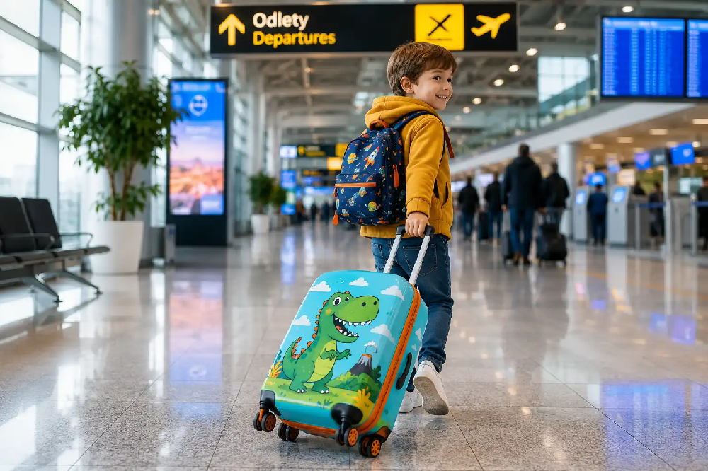 Dětský cestovní kufr s veselým motivem tažený dítětem