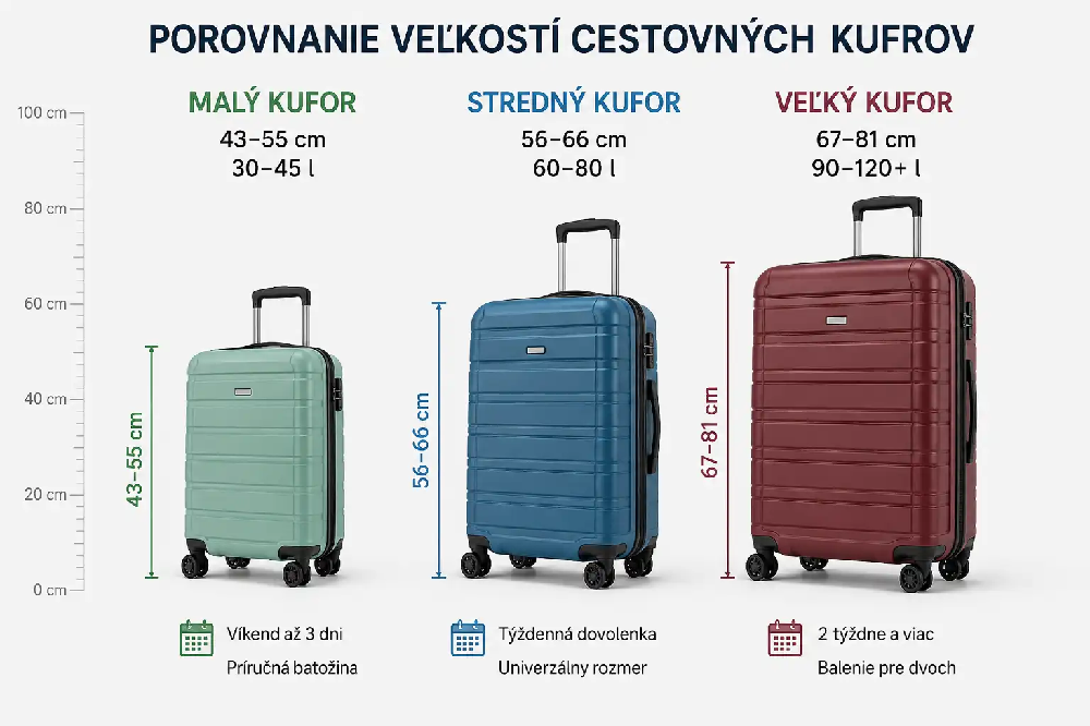 Porovnání velikostí cestovních kufrů - malý, střední a velký kufr na kolečkách